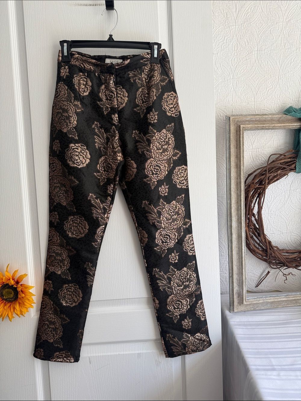 Sage Metallic Floral Straight Leg Pants - Black & Gold - Picture 2 of 8